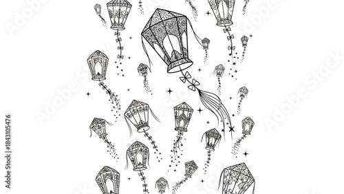 Intricate floating lantern sketch pattern with decorative line art and stars