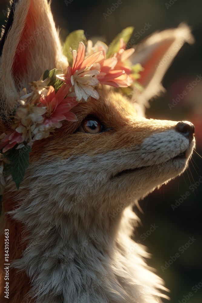 Obraz premium Fox wearing a flower crown in a natural setting during daylight hours