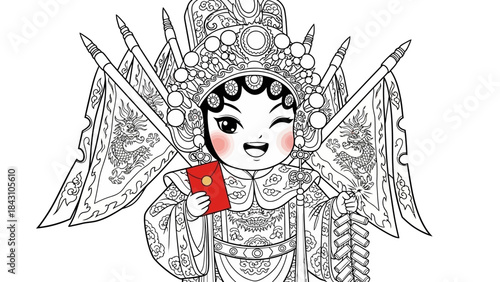 Festive Chinese opera illustration holding a red hongbao and winking for Lunar New Year