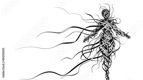 Monochrome human silhouette formed from flowing woven ribbons and tendrils