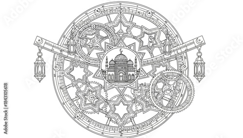 Intricate circular mechanical mandala featuring a domed mosque and gears