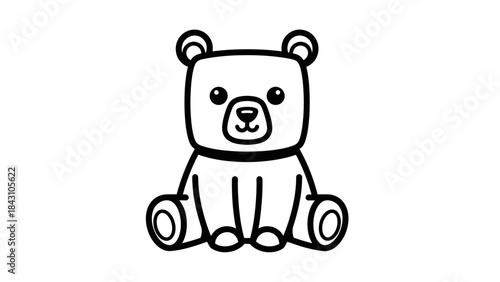 Cute simple black and white teddy bear line art sitting and facing forward for kids