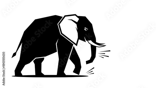 Minimalist black elephant silhouette walking with trunk raised on white background