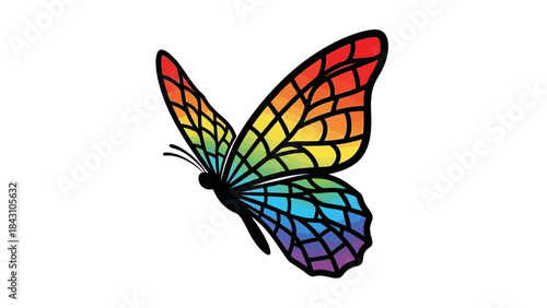 Vibrant rainbow stained glass style butterfly illustration with bold outline