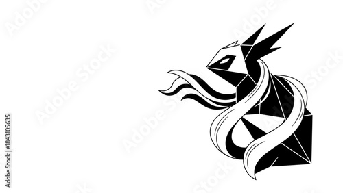 Abstract geometric fox silhouette with flowing ribbons in black and white