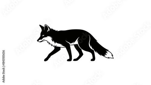 Minimalist black silhouette of a fox walking against a white background