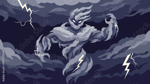 Dark storm elemental rising from thunderclouds with jagged lightning strikes