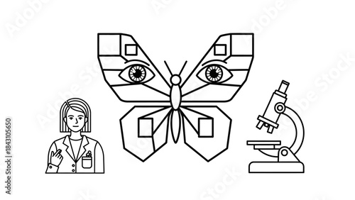 Conceptual scientific illustration of biomimicry with butterfly wings microscope and researcher