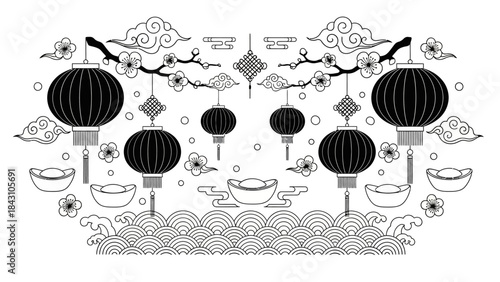 Monochrome festive Chinese lanterns plum blossoms stylized wave pattern illustration