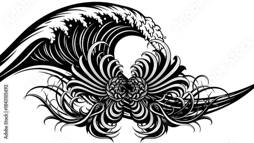 Intricate black and white ornamental wave and floral swirl composition in vector style