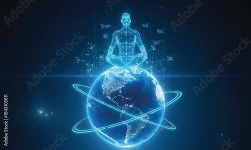 Digital Enlightenment: Holographic Figure Meditating on a Glowing Earth Planet. Global connectivity and digital network.