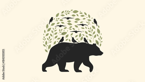 Silhouette of a roaming bear with birds and leafy wreath forming nature harmony
