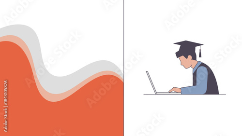 Graduation student studying online on laptop with abstract wave background