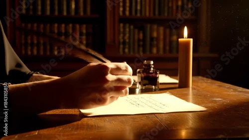 Atmospheric close up of a hand writing a letter with a feather quill pen on vintage parchment by warm candlelight in a dark library, illustrating historical storytelling concepts