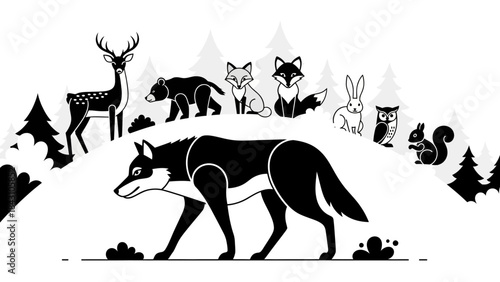Silhouette of forest animals with a lone wolf walking among trees