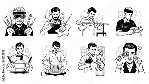 Line art illustrations of diverse craftsmen and artisans practicing traditional trades