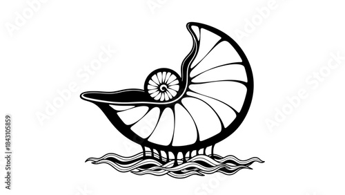 Stylized nautilus shell boat on waves with decorative spiral ornamentation