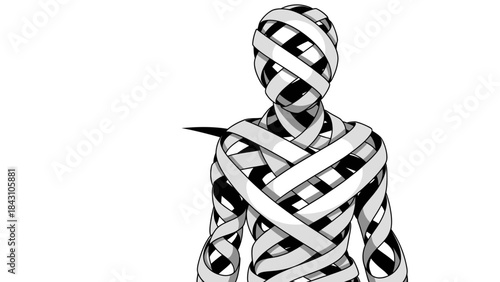 Monochrome interlaced ribbon human figure representing identity and confinement