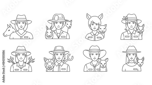 Set of nine female park ranger line icons with wildlife companions and conservation themes