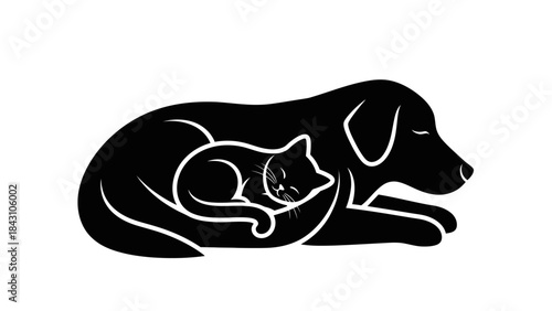 Minimalist black and white pet silhouette showing dog curled protectively with cat sleeping together