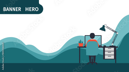 Modern home office hero banner with person working at desk and lamp