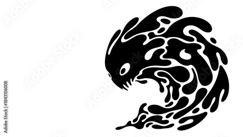 Abstract ink style swirling fish form made of flowing liquid shapes and negative space