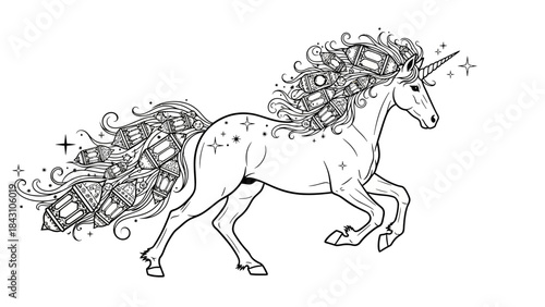 Intricate black and white unicorn line art with flowing ornate mane and decorative elements