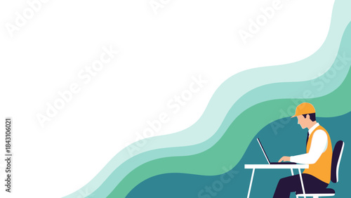 Construction engineer working on a laptop at a desk with layered green abstract waves
