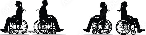 Wheelchair user silhouettes, male and female figures, disability awareness vector, healthcare support scene, black illustration, accessibility concept design
