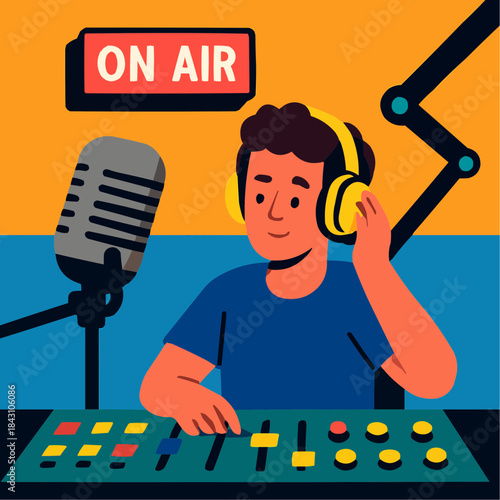 Radio DJ Booth Flat Vector Illustration

