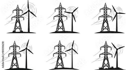 Wind turbine and electricity pylon silhouette illustration showing renewable energy, power transmission, clean technology concept, sustainable energy production design elements for projects