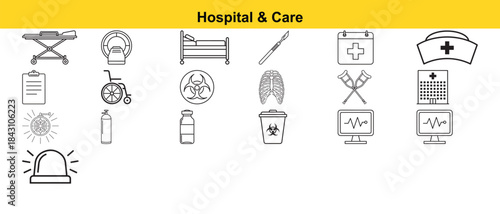 A collection of healthcare related icons depicting medical equipment supplies and hospital services