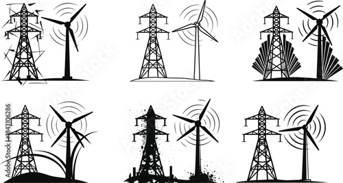 Wind turbine and electricity transmission tower silhouette set, renewable energy vector illustration, clean power generation artwork, modern eco infrastructure design