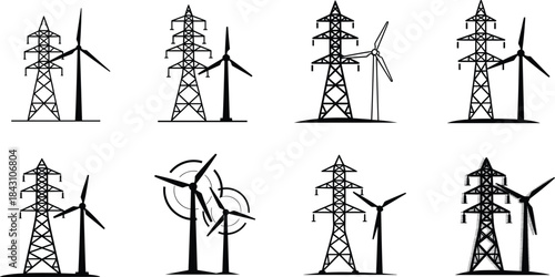 Wind turbines and electricity pylons in various silhouette styles representing renewable energy, power transmission networks, sustainable infrastructure and modern clean energy technology