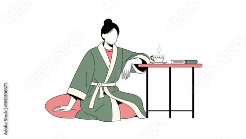 A woman in a robe relaxing with a coffee and a book near a small table