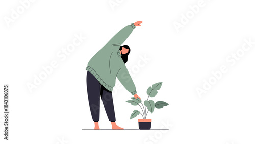 Illustration of a woman stretching and caring for a potted plant in minimalist style