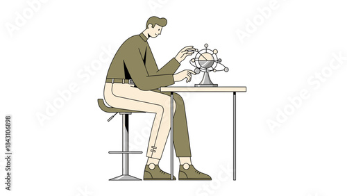 Illustration of a man interacting with a scientific model at a desk in a minimalist style