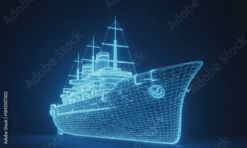 Futuristic Hologram Ship: Glowing Blue Wireframe Ocean Liner Concept Art on a dark background.