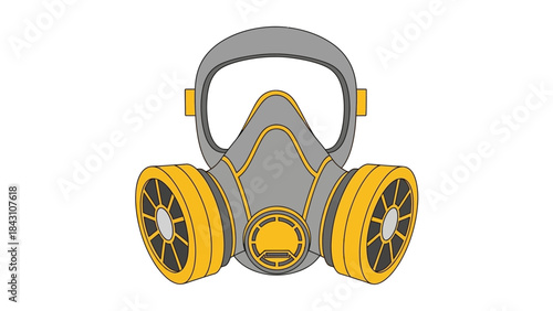 Industrial gas mask respirator illustration representing personal protective equipment, hazardous environment safety, air filtration system and workplace health protection in flat icon design