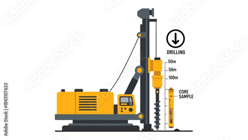 Geotechnical drilling rig illustration showing soil investigation process, borehole depth measurement, ground testing equipment and civil engineering site exploration in flat technical style