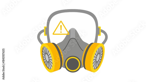 Protective gas mask with warning symbol illustration representing industrial safety equipment, hazardous environment protection, air filtration device and workplace health security in flat design styl