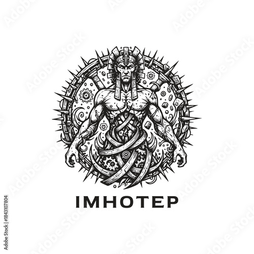 Ancient Egyptian Imhotep deity illustration with mechanical gears and ornate circular frame in woodcut engraving style