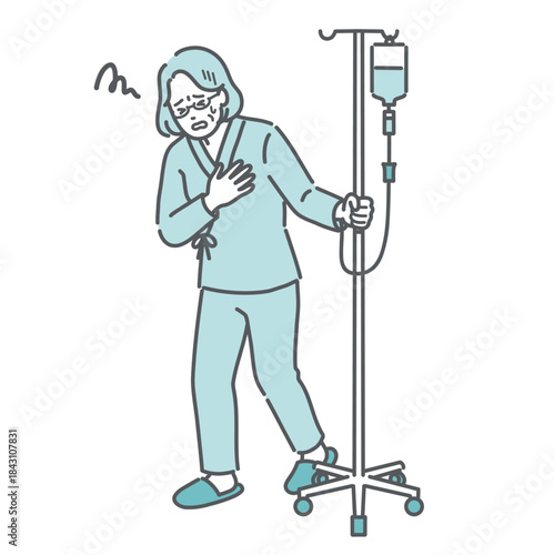 点滴中に胸の痛みや気分の悪さを訴える高齢女性（副作用・急変）