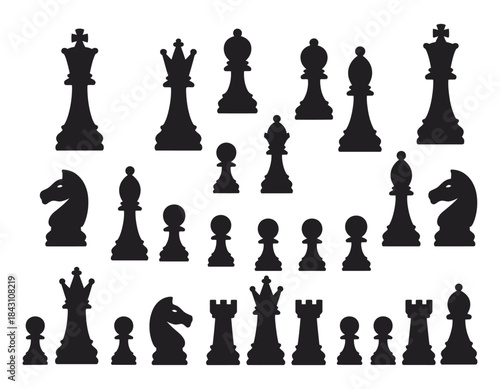 Chess Pieces Vector Image, a minimalist design featuring isolated chess pieces on a white background, perfect for board game graphics, strategy illustrations