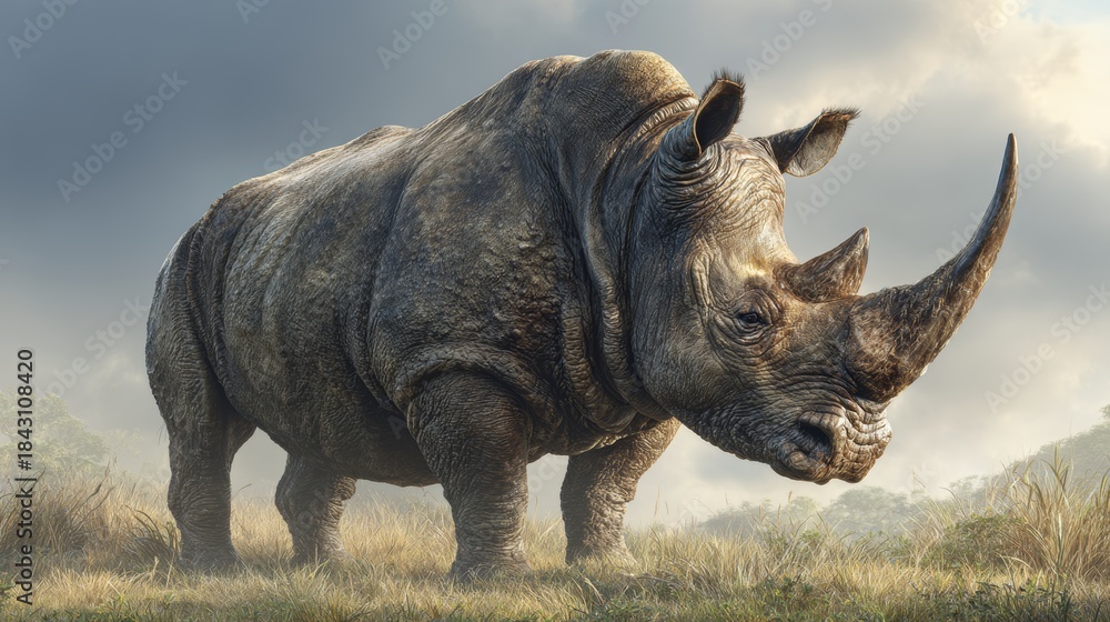 Fototapeta premium Large rhinoceros stands in open field against cloudy sky at midday