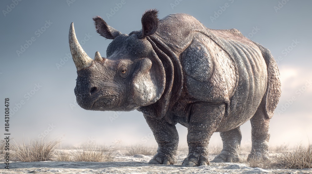 Fototapeta premium Rhino standing on a snowy landscape with a cloudy sky at dusk