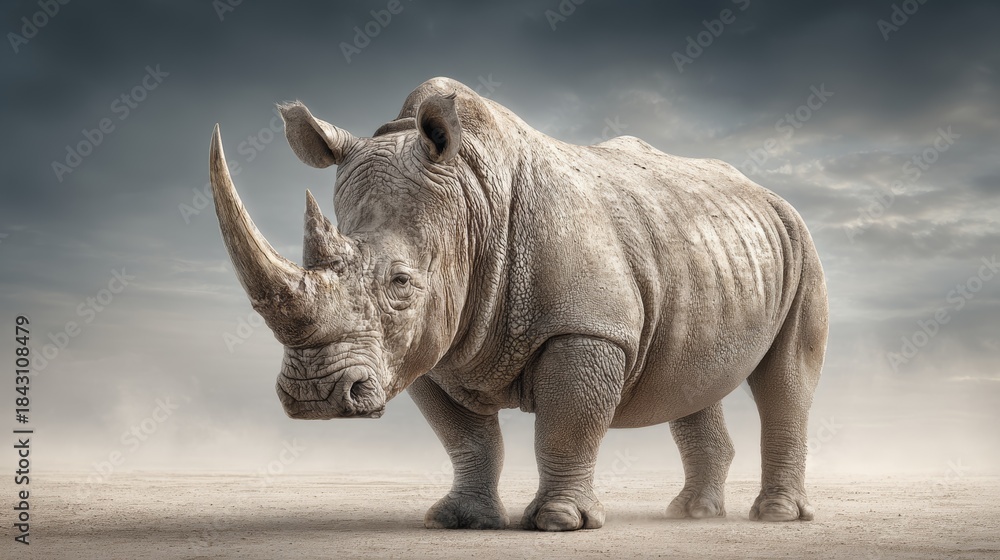 Obraz premium Rhino standing on dry ground beneath a cloudy sky in a natural setting during daytime