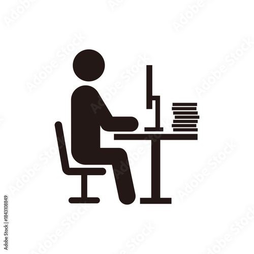 テスクトップパソコンで仕事をしている人のピクトグラムアイコン