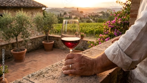 Relaxing Sunset View with Glass of Wine on Terrace.
