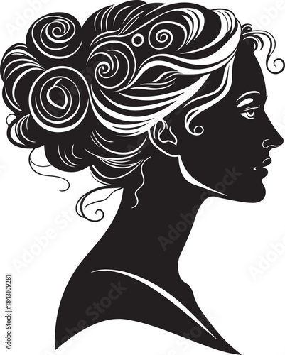 Elegant Woman Profile Silhouette with Voluminous Updo Hair, Vintage Cameo Style, High Contrast Black Ink Illustration on White